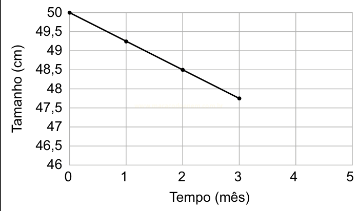 Gráfico de linhas mostrando a diminuição do tamanho, de 50 cm a cerca de 47,75 cm, ao longo de três meses.