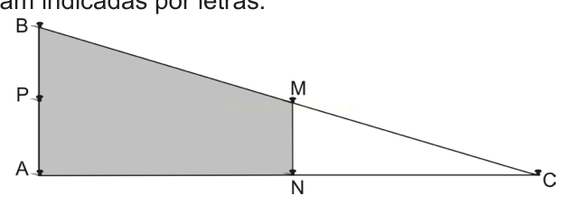 Desenho de triângulo retângulo com região sombreada A-P-M-N e pontos B, C, M, N e P.