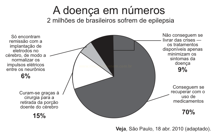 Gráfico de pizza sobre epilepsia: 6%, 15%, 9% e 70% de brasileiros conforme tratamento ou recuperação.