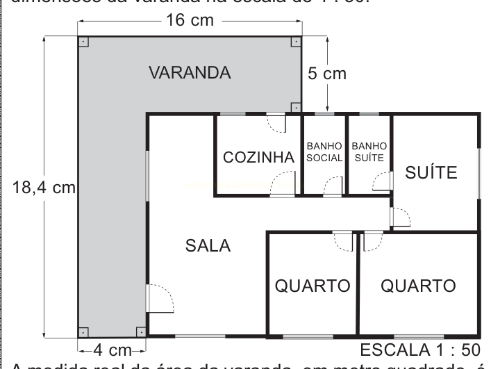Planta baixa de apartamento com varanda, sala, cozinha, suíte, dois quartos e dois banheiros, em escala 1 : 50.