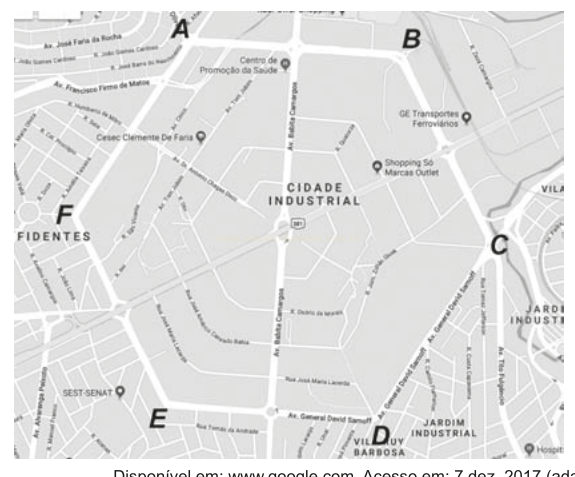 Mapa de ruas da região da Cidade Industrial, com seis localidades destacadas pelas letras A a F.
