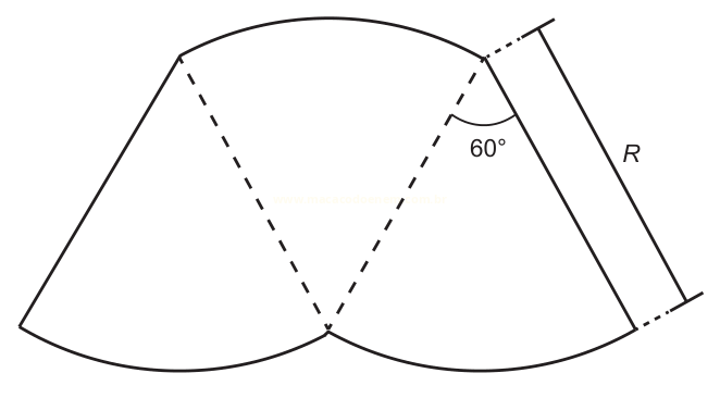 Desenho geométrico de dois setores circulares unidos, com ângulo de 60° e lado indicado pela letra R.