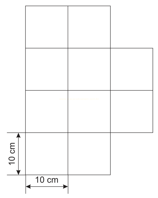 Malha de quadrados de 10 cm de lado formando uma figura em cruz assimétrica, com cotas de 10 cm na altura e na largura.