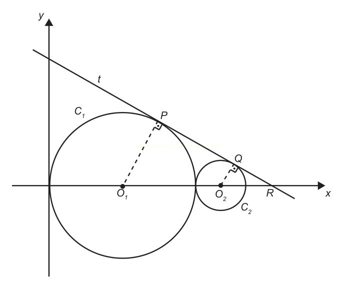 Desenho de duas circunferências tangentes a uma reta inclinada, com centros O1 e O2 e pontos de tangência P e Q.