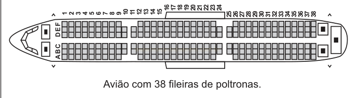 Esquema de avião com 38 fileiras de poltronas organizadas em colunas A a F.