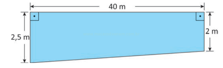 Desenho de um terreno retangular azul com 40 m de comprimento e alturas de 2,5 m e 2 m nas laterais.