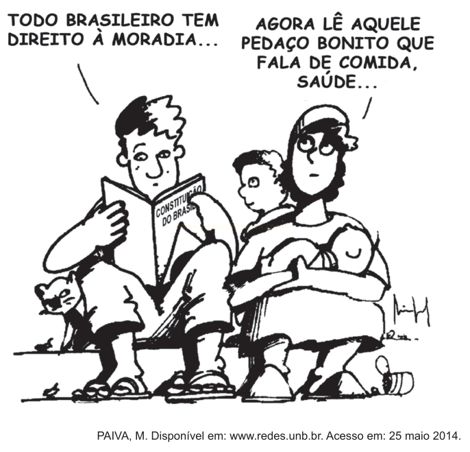 Charge em preto e branco de um homem lendo a Constituição enquanto uma mulher segura crianças ao seu lado.