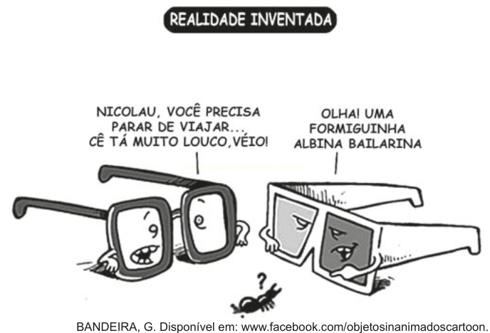 Charge com dois personagens em forma de óculos, um falando que o outro precisa parar de viajar.