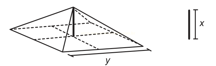 Desenho em perspectiva de um paralelepípedo, com a altura indicada por x e o comprimento da base indicado por y.