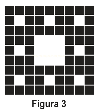Grade 9 por 9 predominantemente escura, com um bloco branco central e pares de quadrados brancos nas laterais, identificada como Figura 3.