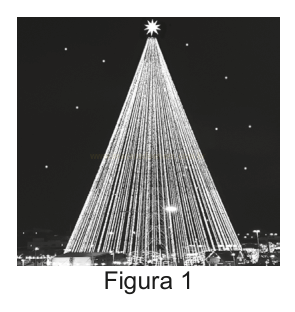 Fotografia noturna em preto e branco de uma árvore de Natal feita de luzes, encimada por uma estrela.