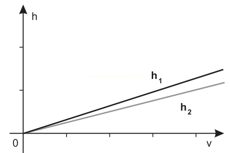 Gráfico com duas retas partindo da origem, sendo a reta h₁ mais inclinada e acima da reta h₂.