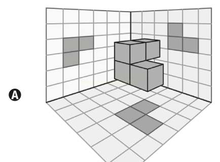 Desenho isométrico de um canto de sala quadriculado com cubos empilhados e quadrados cinza nas paredes e no piso.