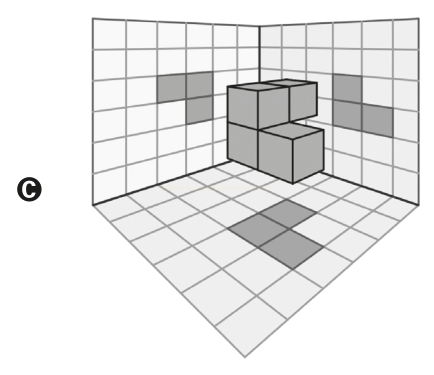 Desenho isométrico de um canto de sala quadriculado com cubos empilhados e quadrados cinza nas paredes e no piso.
