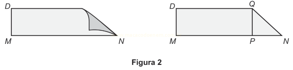 Figura 2 com dois desenhos de um retângulo DMN: à esquerda com um canto dobrado e à direita com o segmento vertical PQ.