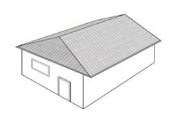 Desenho de uma casa simples em perspectiva, com telhado de duas águas, porta e janela.
