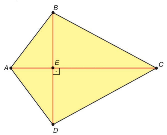 Quadrilátero amarelo com diagonais perpendiculares AC e BD que se cruzam no ponto E.