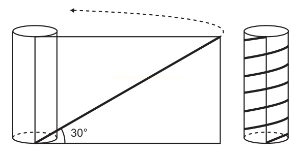 Ilustração de um cilindro planificado com linha diagonal a 30° e, à direita, o cilindro enrolado com faixas helicoidais.
