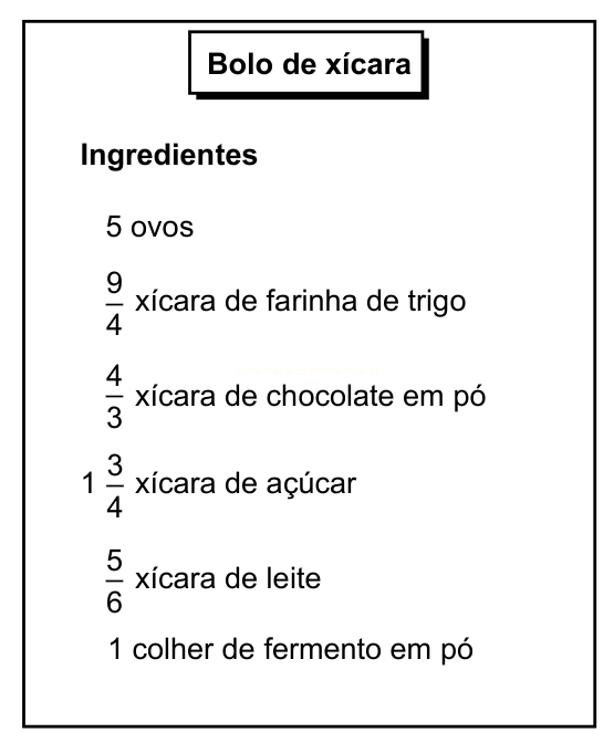 Receita de bolo de xícara com a lista de ingredientes em frações de xícara.