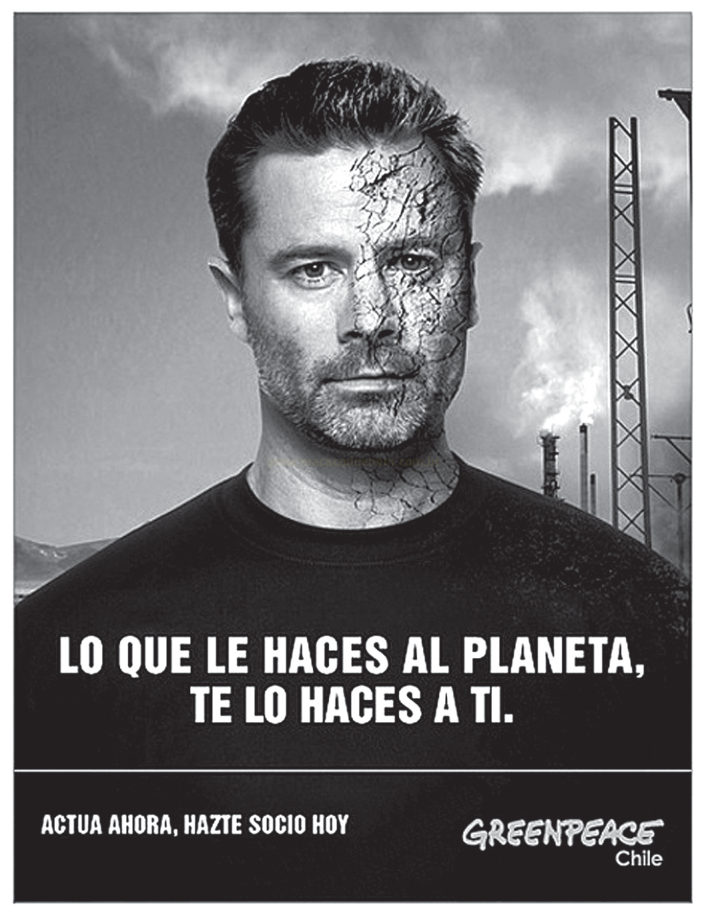 Cartaz do Greenpeace com o rosto de um homem metade rachado, chaminés ao fundo e a frase "Lo que le haces al planeta, te lo haces a ti".