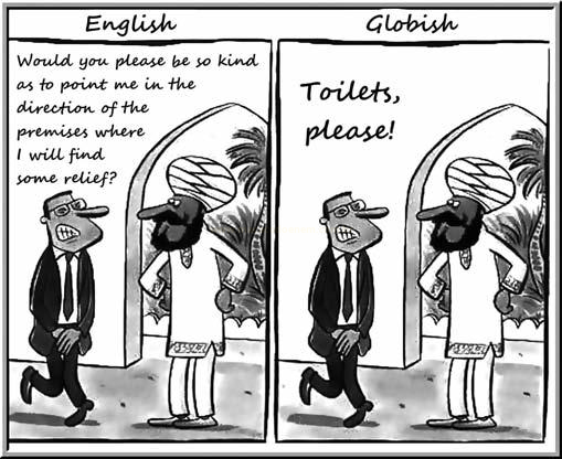 Cartum em dois quadros comparando a mesma pergunta feita em inglês formal e em inglês simplificado.