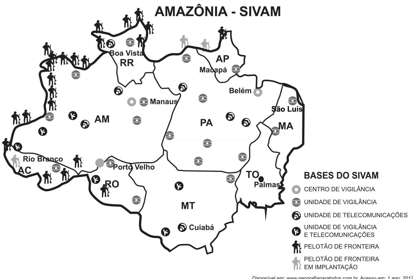 Mapa da Amazônia com a distribuição das bases do SIVAM por estado, mostrando cidades e símbolos de vigilância e pelotões de fronteira.