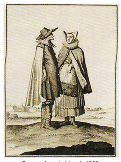 Ilustração em tom sépia de duas figuras em trajes antigos, com capa e capuz, de pé sobre uma elevação.