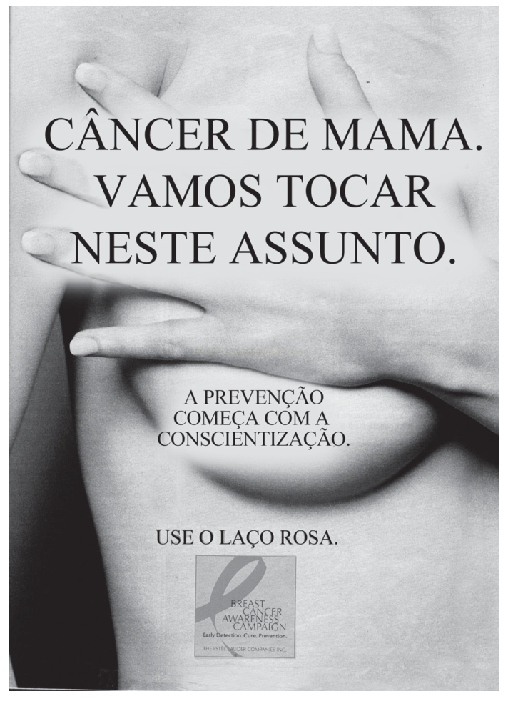Cartaz em preto e branco sobre prevenção do câncer de mama, com mãos sobre o tronco e a frase 'Vamos tocar neste assunto'.