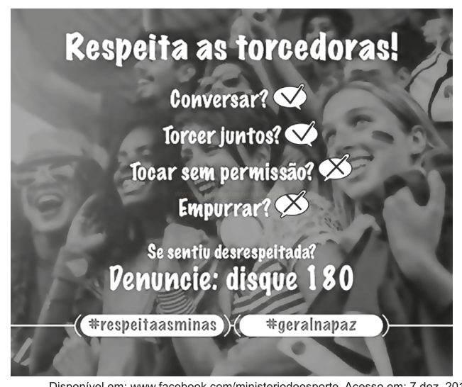 Cartaz 'Respeita as torcedoras!' com perguntas sobre comportamento no estádio e o telefone de denúncia 180.