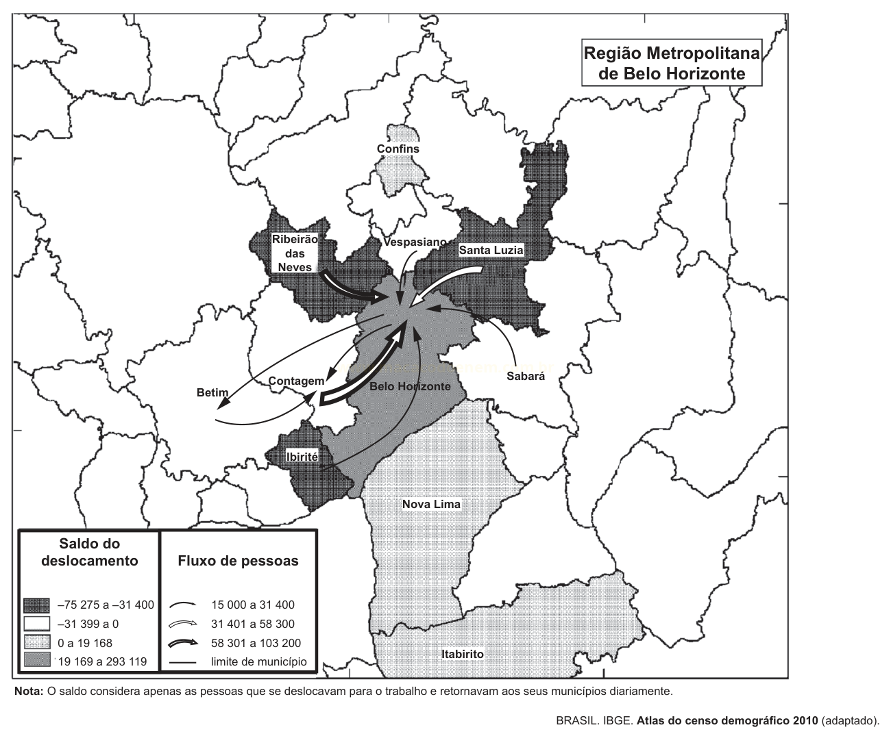Mapa da Região Metropolitana de Belo Horizonte com municípios identificados e setas representando o fluxo diário de pessoas.