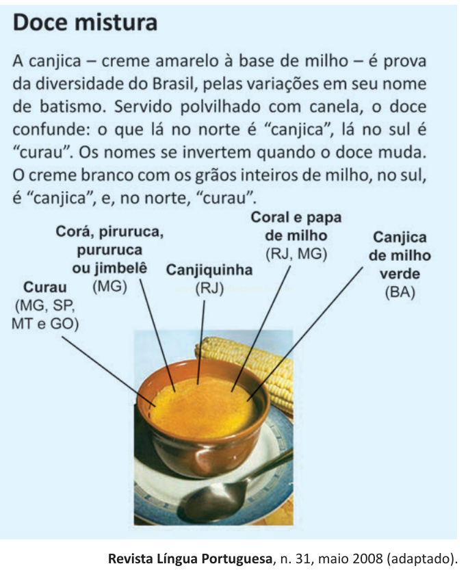 Infográfico sobre os nomes regionais da canjica, com foto de tigela do doce e rótulos indicando cada denominação.