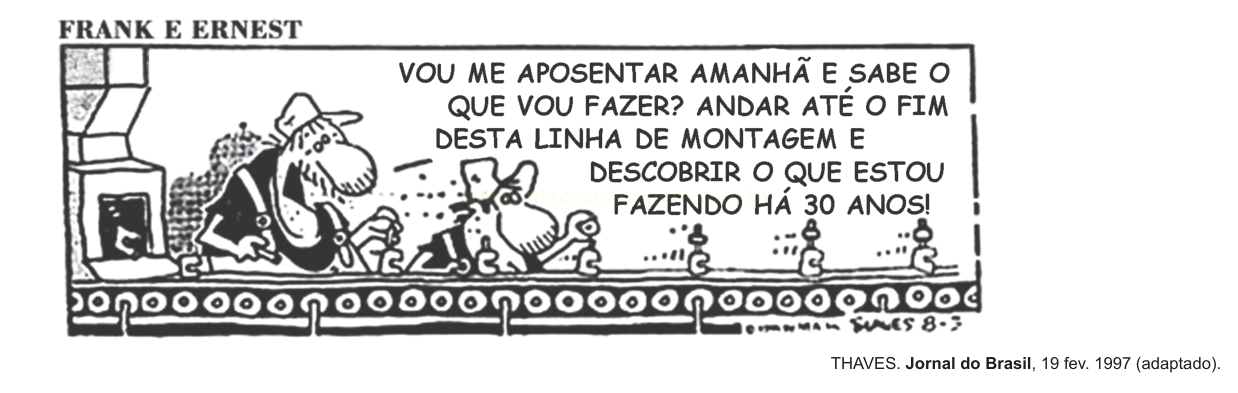 Tira em preto e branco de um homem e um cachorro na linha de montagem, com balão de fala sobre aposentadoria.