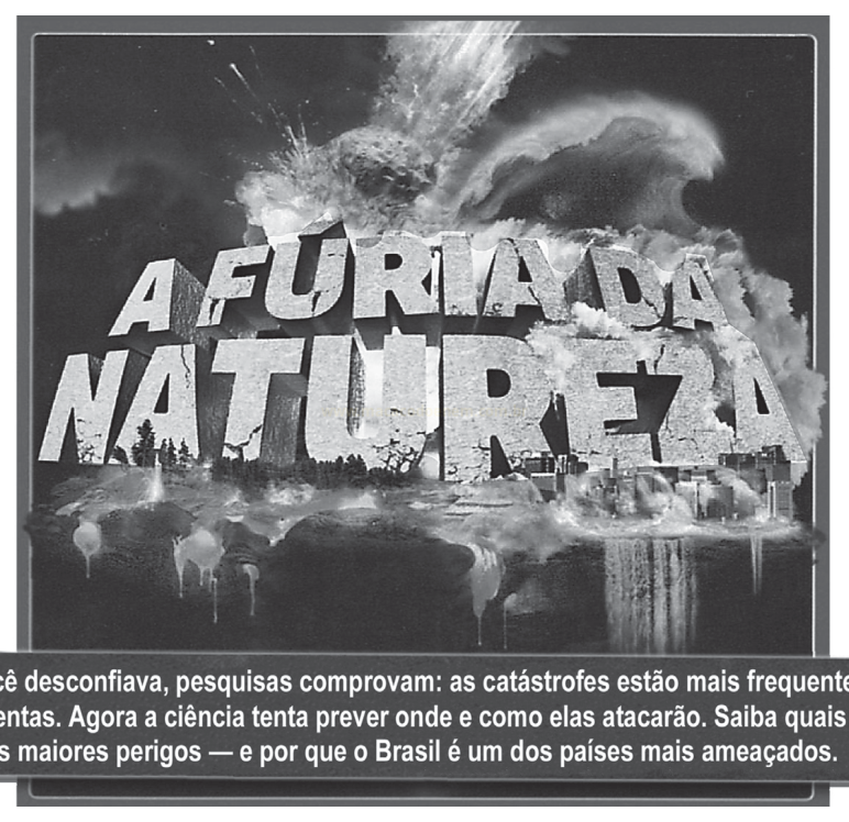 Capa em preto e branco com o título 'A Fúria da Natureza' sobre uma imagem de explosão e fumaça.