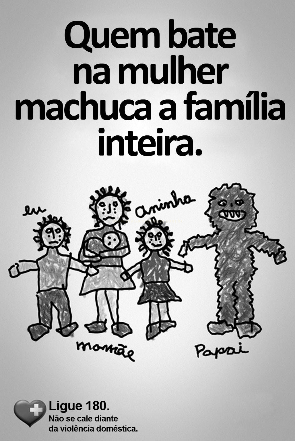 Cartaz contra a violência doméstica com desenho infantil de uma família e o pai representado como um monstro peludo.