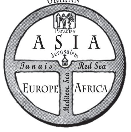Mapa circular medieval do tipo T-O, dividido em Ásia, Europa e África, com Jerusalém ao centro.