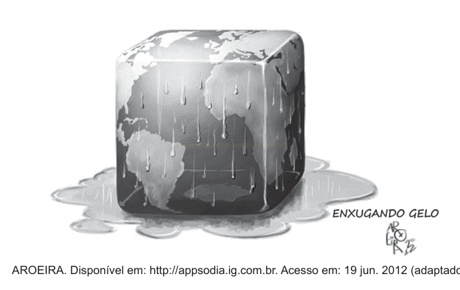 Ilustração da Terra representada como um cubo de gelo derretendo sobre uma poça de água.