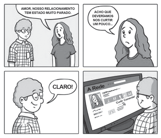 Tira de quatro quadros em que um rapaz responde 'Claro!' e curte a foto da namorada em uma rede social.