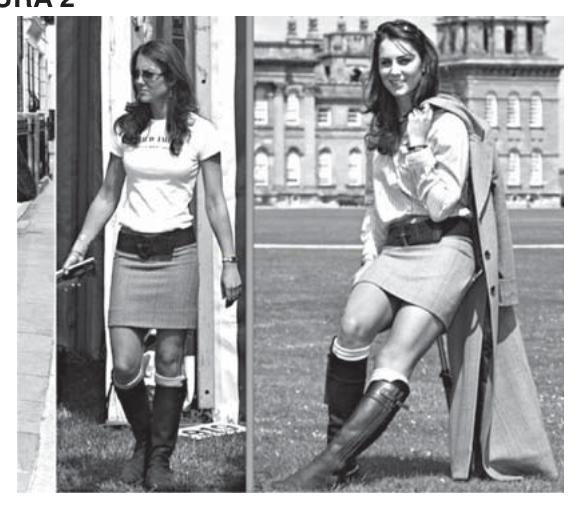 Fotografia em preto e branco, em dois quadros, de uma mulher em poses de moda com saia curta e botas altas.