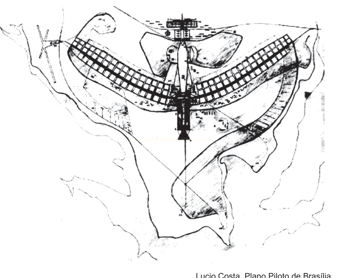 Esboço de um plano urbanístico em forma de avião, com duas alas de quadras simétricas e um eixo central.