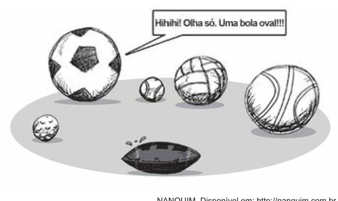 Ilustração de várias bolas esportivas redondas em volta de uma bola oval, com a bola de futebol falando sobre a 'bola oval'.