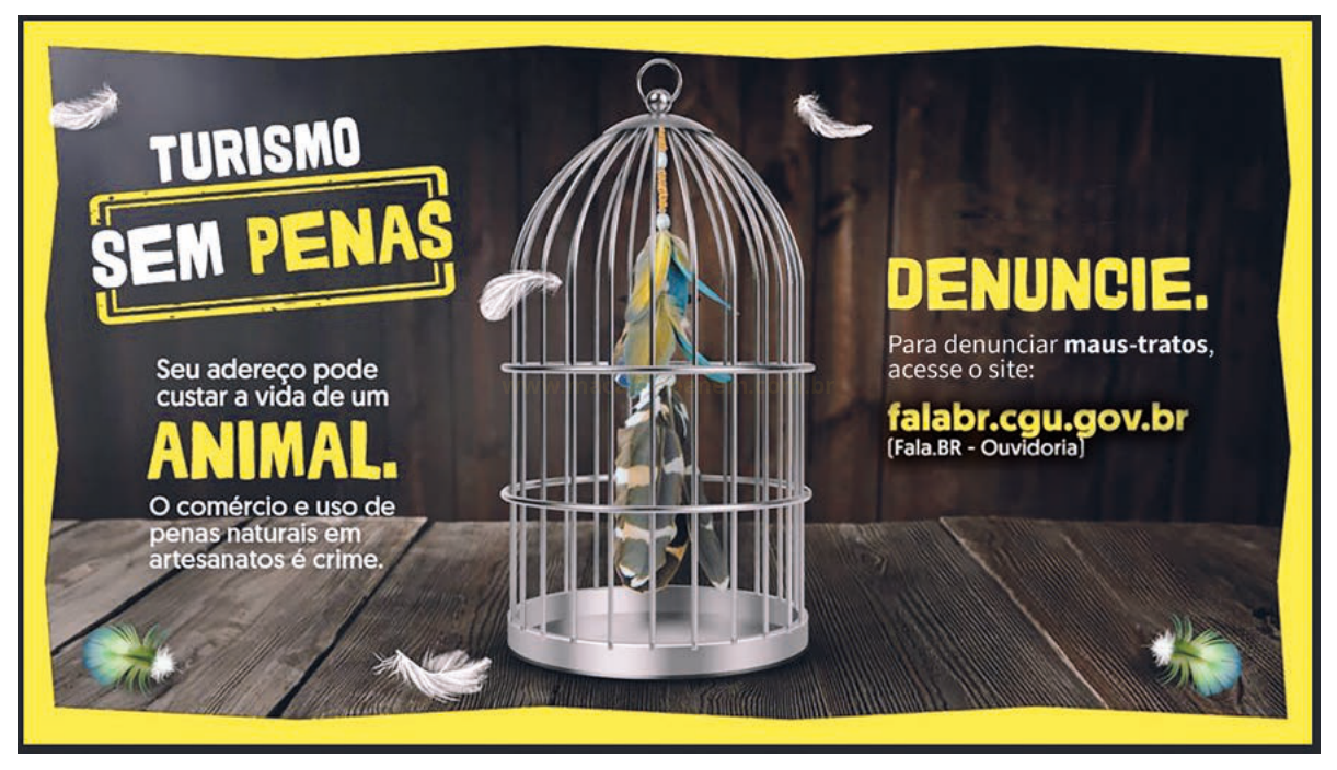 Cartaz contra o uso de penas naturais em artesanatos, com gaiola vazia e penas espalhadas no chão.
