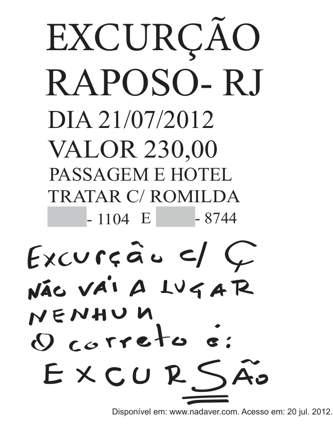 Cartaz de excursão com dados de data, valor e contato, seguido de correção manuscrita sobre a grafia de “excursão”.
