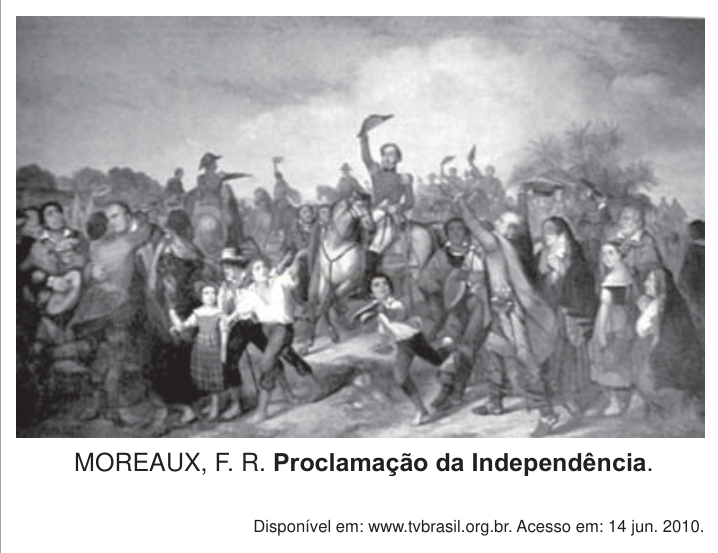 Pintura em preto e branco com multidão em trajes antigos e um homem a cavalo erguendo o chapéu.