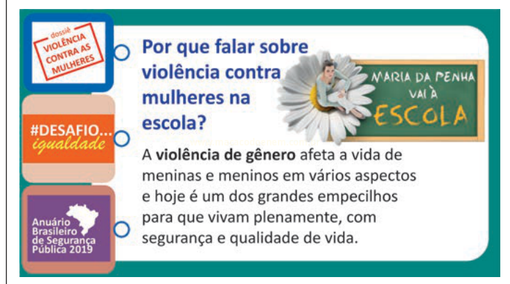 Infográfico escolar sobre violência contra as mulheres, com selos, título e ilustração de menina em flor.
