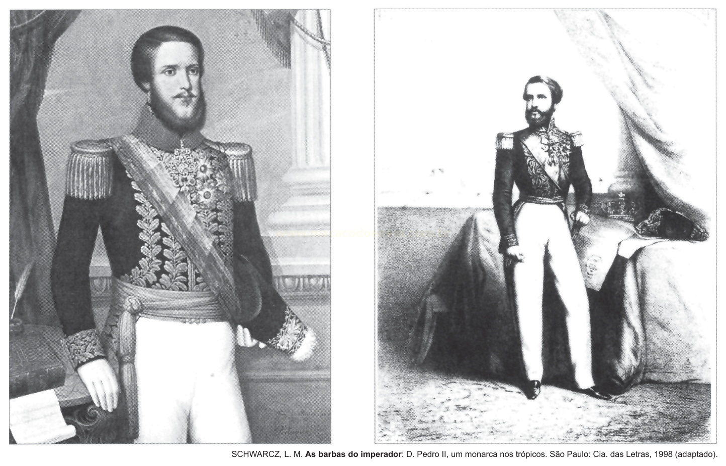 Duas imagens em preto e branco do mesmo homem barbudo em uniforme militar com faixa e condecorações: um retrato de meio corpo e uma figura de corpo inteiro.