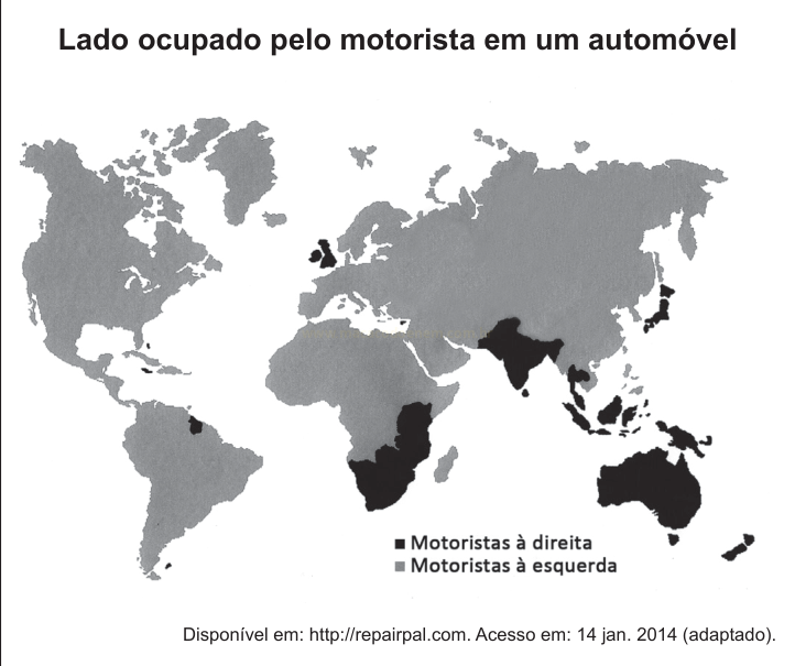 Mapa-múndi em tons de cinza indicando em quais países se dirige à direita ou à esquerda.