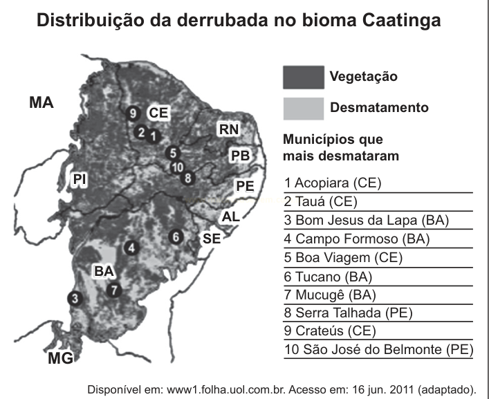 Mapa da Caatinga destacando vegetação e desmatamento, com siglas de estados e lista dos municípios que mais desmataram.
