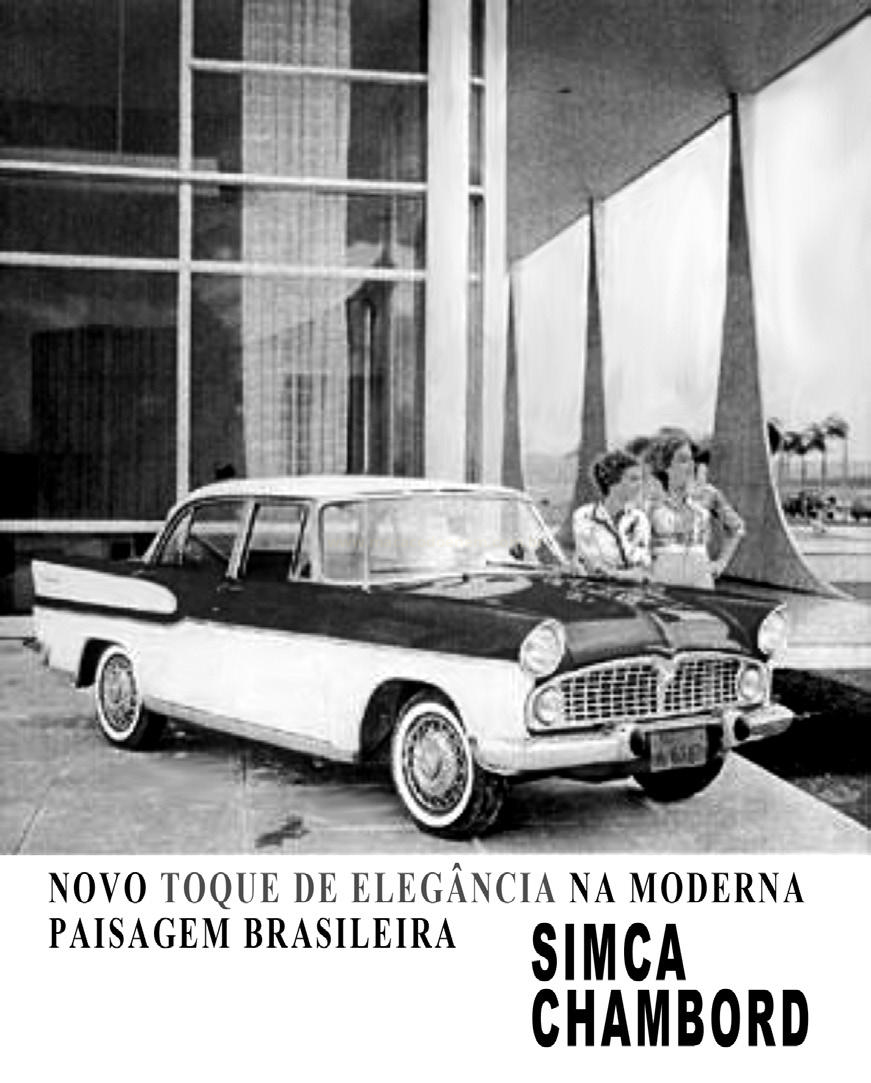 Anúncio em preto e branco de um automóvel antigo estacionado diante de um edifício moderno com duas mulheres ao fundo.