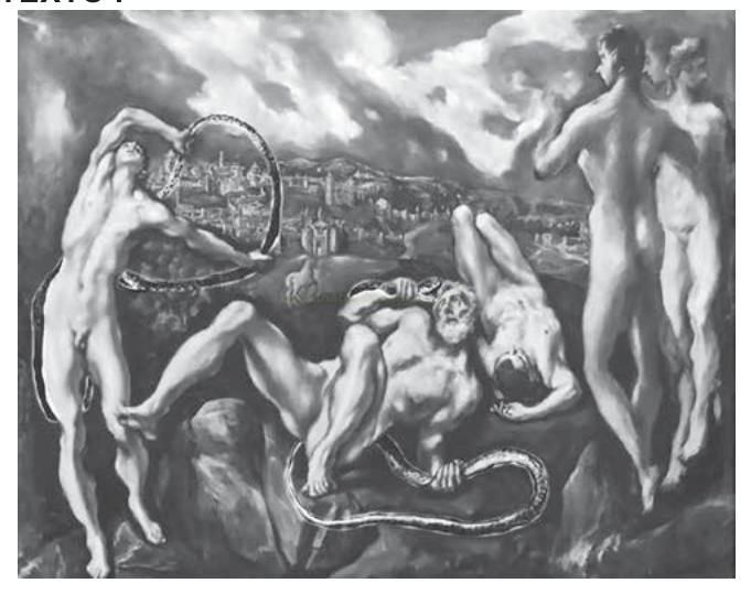 Pintura em preto e branco com figuras humanas nuas e serpentes, sobre rochas e com uma cidade ao fundo.