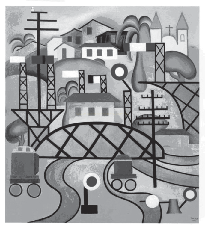 Pintura cubista em tons de cinza com trens, ponte em treliça, torres de energia e casas.